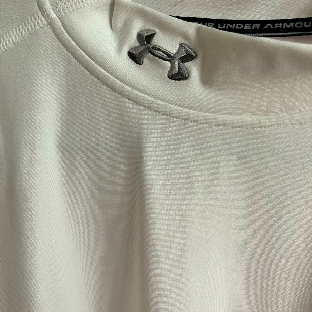 White mock long sleeve turtleneck with silver tone logo on the neck 2XL